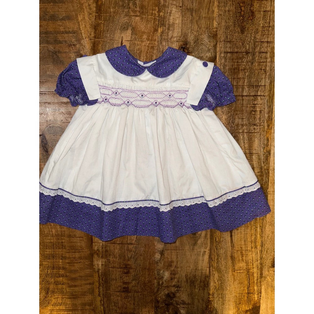 Vintage Polly Flinders Smocked Dress Purple Floral Eyelet White 18 Months